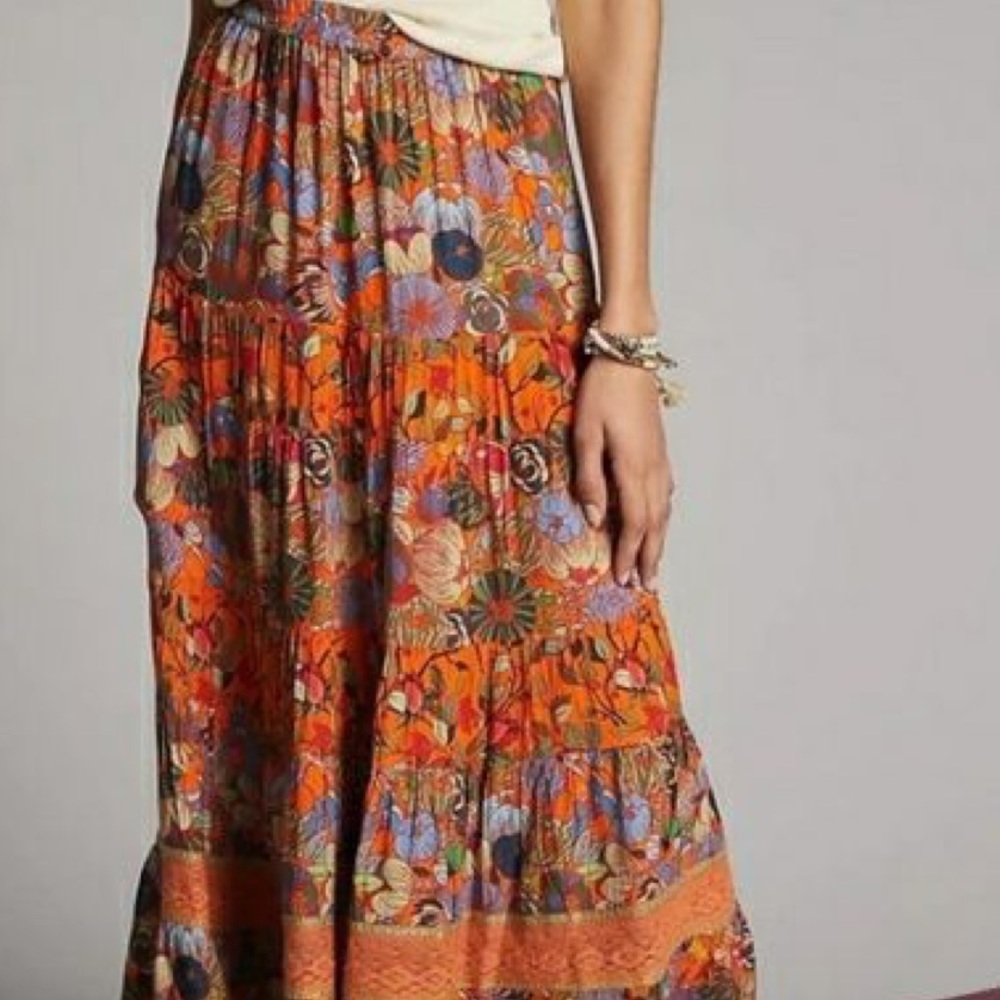 Conditions Apply ‘Hera Tiered Maxi Skirt’ in Orange Motif, Size Small